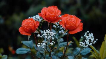 Three Vibrant Red Roses with Baby s Breath Flowers in a Garden Setting photo