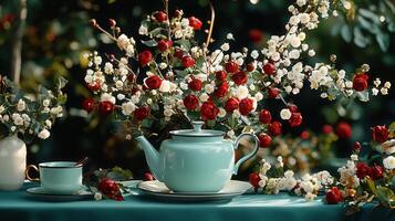 Elegant Teal Teapot and Teacup Set with Red and White Roses in a Garden Setting photo