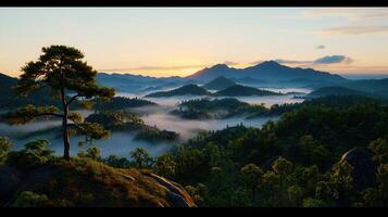 Serene Sunrise over Misty Mountain Landscape Breathtaking View of Rolling Hills and Fog photo