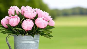 Beautiful Bouquet of Pink Peonies in a Metal Bucket Spring Flowers Garden Background photo
