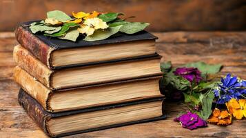 Stack of Antique Books with Dried Flowers and Leaves on Wooden Table photo