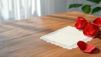 Romantic Red Roses and Blank Notecard on Wooden Table with Lace Doily photo