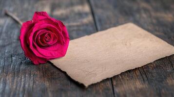 Romantic Red Rose with Blank Vintage Note on Rustic Wooden Background photo