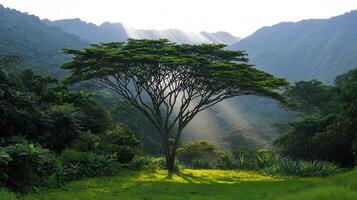 Majestic Tropical Tree in Lush Valley Landscape with Sun Rays Mountain Scenery photo