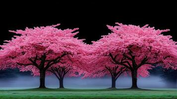 Majestic Pink Cherry Blossom Trees in a Misty Spring Landscape photo