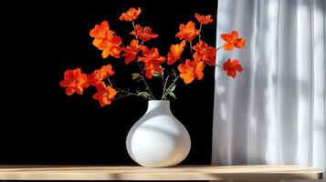 Vibrant Orange Flowers in a Modern White Vase on Wooden Table Sunlit Sheer Curtains Background photo