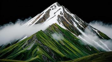 Majestic Snow Capped Mountain Peak with Lush Green Slopes and Fog photo