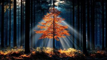 Majestic Autumn Tree in Sunlit Forest Vibrant Fall Foliage Nature Photography photo