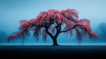 Serene Weeping Cherry Blossom Tree in Misty Dawn Landscape Photography photo