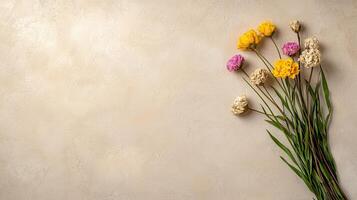 Dried Flower Bouquet on Beige Textured Background Floral Arrangement Flat Lay photo