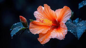 Vibrant Orange Hibiscus Flower with Dew Drops Close up Macro Photography photo