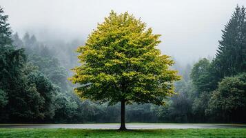 Serene Single Tree in Rain Lush Green Forest Misty Atmosphere Nature Photography photo