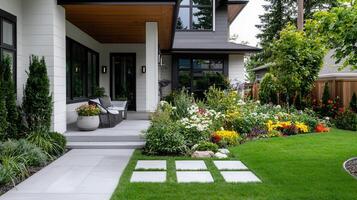 Modern House Exterior with Lush Garden Patio and Walkway photo