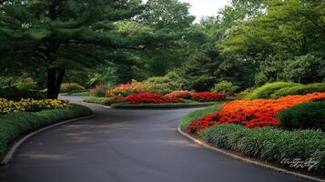 Serene Winding Driveway with Vibrant Spring Flowers and Lush Greenery in a Picturesque Garden photo