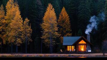Cozy Autumn Log Cabin in Forest at Dusk with Illuminated Windows and Smoking Chimney photo