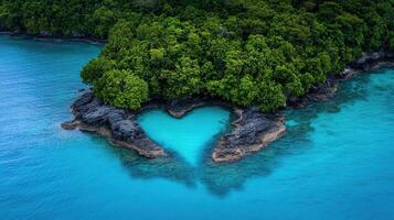 Heart Shaped Lagoon in Tropical Paradise Aerial View of Turquoise Water and Lush Green Island photo