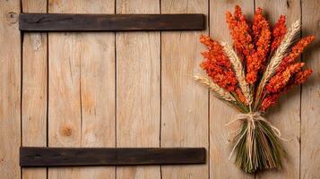 Autumnal Wheat and Dried Flower Bouquet on Rustic Wooden Background photo