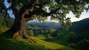 Majestic Ancient Oak Tree Overlooking Serene Mountain Valley Landscape at Sunset photo
