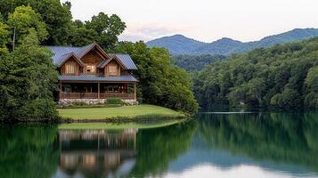 Luxurious Log Cabin Lakeside Home with Mountain View Reflection photo
