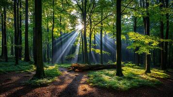 Sunbeams Illuminate Lush Green Forest Path Tranquil Nature Scene Sunlight Through Trees photo