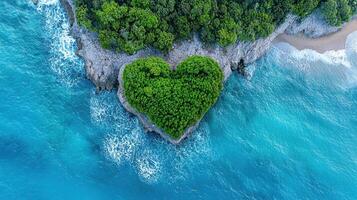 Heart Shaped Island Paradise Lush Green Foliage Turquoise Ocean Aerial View photo
