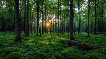Serene Sunset in a Lush Mossy Forest with Tall Trees photo