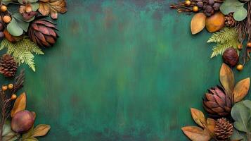 Autumnal Floral Frame on Rustic Green Background Thanksgiving Fall Nature Design photo