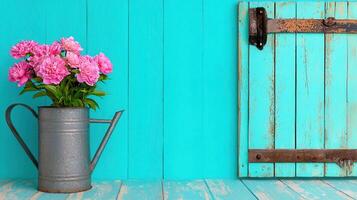Pink Peonies in Vintage Watering Can Teal Wooden Background Rustic Decor photo