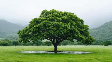 Majestic Tree in Lush Green Meadow During Rain Scenic Landscape Photography photo