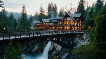Majestic Mountain Lodge Bridge Waterfall Scenic View at Dusk photo