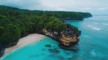 Secluded Tropical Beach Cove Turquoise Water Lush Green Cliffs Aerial View photo