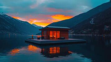 Lakeside Cabin Retreat at Sunset Mountain View Solar Powered Floating Home photo
