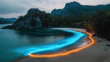 Serene Beach Cove at Dusk with Glowing Light Trails in Ocean and Sand photo