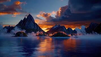 Dramatic Volcanic Sunset Landscape Fiery Mountains and Calm Ocean at Dusk photo
