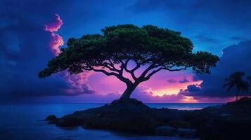 Serene Sunset Seascape Majestic Tree Silhouette at Twilight on Ocean Shore photo