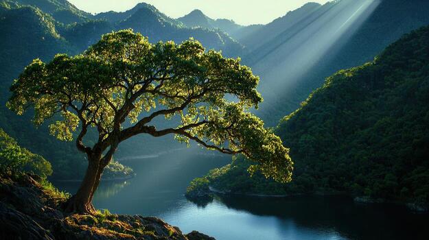 Serene Landscape Majestic Tree Overlooking Tranquil Lake and Mountain Range at Dawn photo