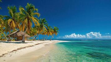 Idyllic Tropical Beach Scene Palm Trees Thatch Hut Turquoise Water White Sand photo