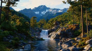 Serene Waterfall Cascading in Mountain Forest Landscape Photography photo