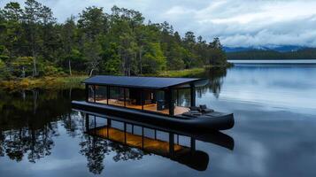 Modern Solar Powered Floating Cabin on Serene Lake at Dusk Lakeside Getaway photo