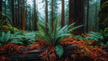Lush Green Fern on Forest Floor Redwood Trees Background Nature Scene photo