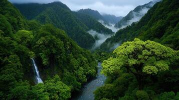 Lush Green Mountain Valley Landscape with Waterfall and River Tranquil Nature Scene photo