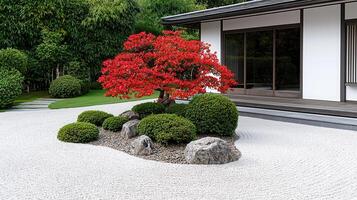 Serene Japanese Zen Garden Landscape with Red Maple Tree and White Gravel photo