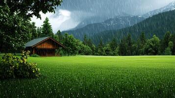 Serene Wooden Cabin in Lush Green Meadow Under Heavy Rainfall Mountain Background photo