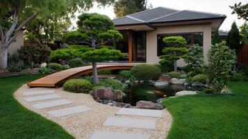 Serene Japanese Garden Design with Koi Pond Wooden Bridge and Stepping Stones Pathway photo