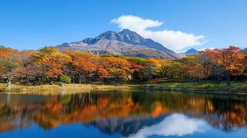 Stunning Autumnal Landscape Mountain Lake Reflected in Colorful Fall Foliage photo