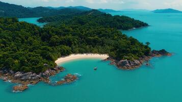 Secluded Tropical Island Cove Aerial View of Pristine Beach Turquoise Waters Lush Green Foliage photo