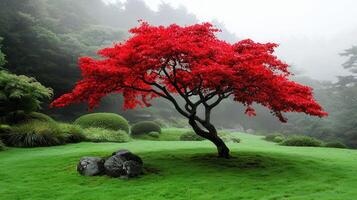 Vibrant Red Maple Tree in Serene Landscape Misty Garden Scene Autumn Colors photo