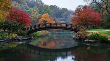 Serene Autumn Scene Wooden Bridge Reflecting in Calm Pond Vibrant Fall Foliage photo