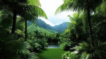 Lush Tropical Paradise Tranquil Pond Palm Trees and Majestic Mountains photo