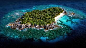 Lush Tropical Island Paradise Aerial View of Secluded Beach and Vibrant Coral Reef photo